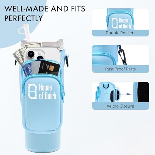 Image of House of Quirk Water Bottle Carrier Bag with Phone Pocket for Stanley 40 /30 oz Tumbler Neoprene Water Bottle Holder Pouch with Adjustable Strap (Blue)