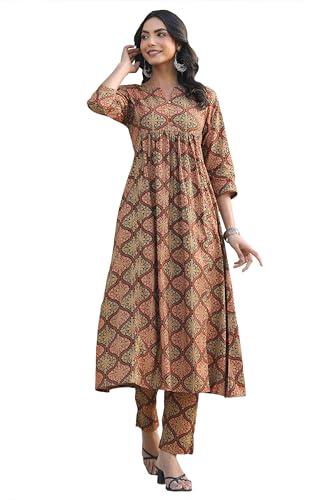 Image of Janasya Brown Pure Cotton Kurta & Pant Set for Women Ethnic Motifs Print Ethnic Wear