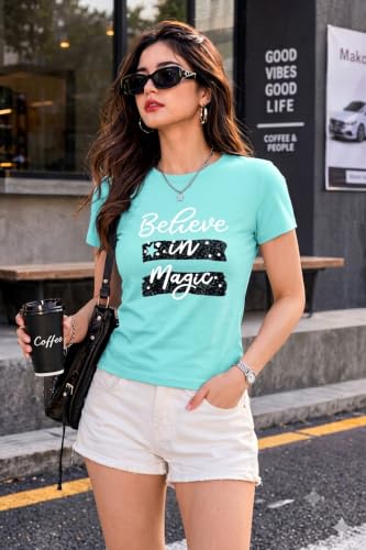 Image of Preneum Women's Graphic Printed T-Shirt, Round Neck Half Sleeve Casual Slim Fit Cotton Blend Tee, College, Office & Travel