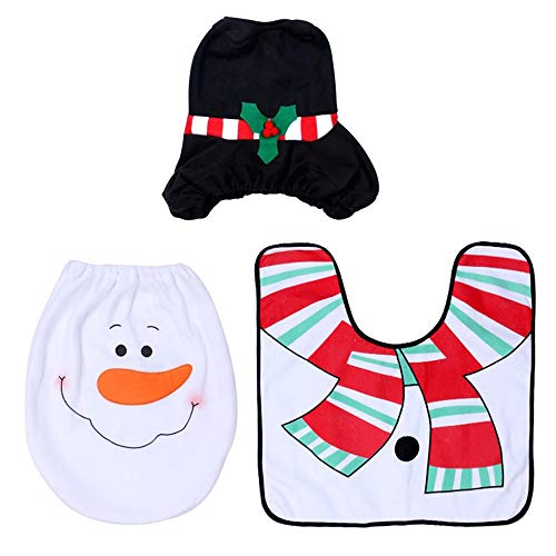 Kungfu Mall festliches 3-teiliges Weihnachtsdekorationsset aus Toilettendeckelbezug, Bodenmatte und Spülkastenbezug mit Hülle für Kosmetiktücherbox, für Weihnachten, Badezimmer schneemann – Bild 3