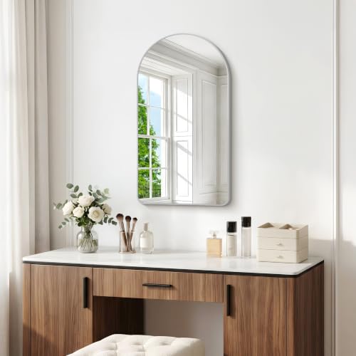 Image of BONEWEI Arched Wall Mirror,22x36 inch Silver Arched Mirror Bathroom,Vanity Mirror for Over Sink Metal Frame,Tempered Glass Arch Mirrors for Bedroom,Entryway,Living Room,Home Decor Shatter-Proof