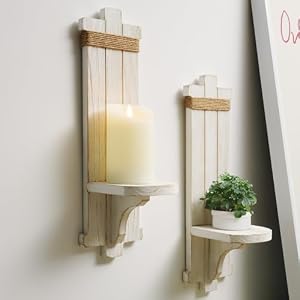 Homemory Wall Sconces Candle Holder Set of 2 Farmhouse Wooden Rustic Wall Decor for Living Room Dining Room Bedroom Bathroom White