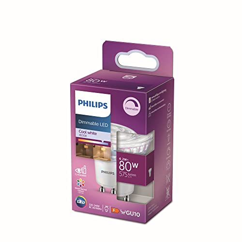 Philips ampoule LED Spot GU10 80W Blanc Froid Compatible Variateur, Verre