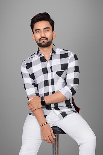 Image of Voroxy Men's Casual Checks Shirt with Pockets Cotton Blend Stylish Branded Checkered Pattern Formal Shirt & Regular Fit Full Sleeves and Spread Collar Style