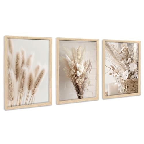 3Pcs Marco de Madera Cuadro Moderno Boho Beige Hierba de la Pampa Cuadro Decoracion Salon Flor Nórdica Salvia Hierba Seca Plantas Pintura Cuadros Decorativos Dormitorio 30cmx40cmx3 (Sin Plexiglás)