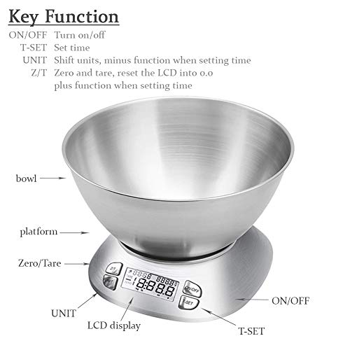 Digital Kitchen Scale With Removable Bowl 2.5L Volume, Electronic Stainless Steel Food Scale For Cooking Baking, Room Temperature, Alarm Timer, 12Lb 5.5Kg, Batteries Included #TOP2