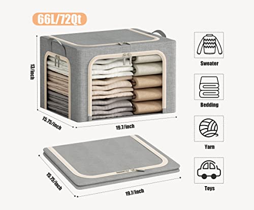 Image of 3 Opeings Large Clothes Storage Bins with Metal Frame, Foldable Storage Bin for Clothes, Clothing Storage Bins with Lid, Linen Storage Box With Clear Window& Zippers& Handles.(3 Pcs,Light Grey,66L)