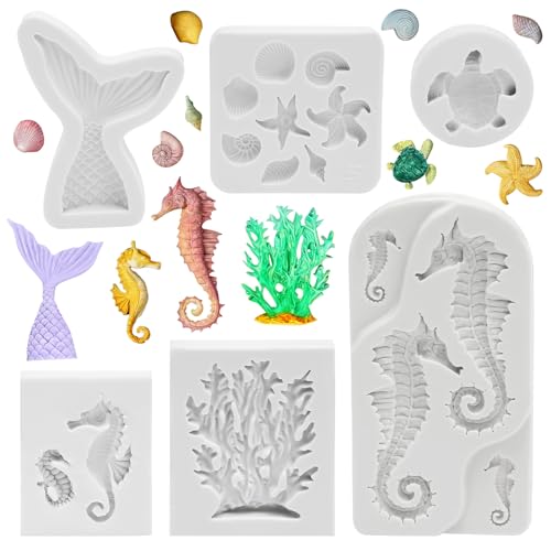 6 moldes de silicone para fondant, design de animais marinhos em 3D, moldes de silicone para assar, conchas, estrelas do mar, tartarugas, moldes de silicone para decoração de bolos, chocolate