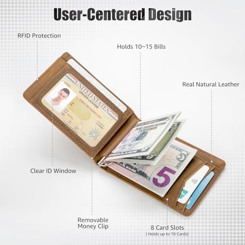 Compact Men's Bifold Wallet - Natural Real Leather RFID Blocking Card Holder with Money Clip Wallet Sleek Vintage Style (Brown)4