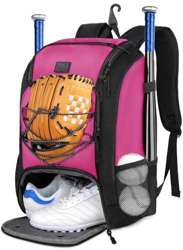 MATEIN Pink Softball Backpack, Lightweight Softball Bag with Fence Hook for Women & Girls, All-in-One Baseball Backpack with Large Main Compartment Fits Helmet, Cap, Gloves for Tball Practice