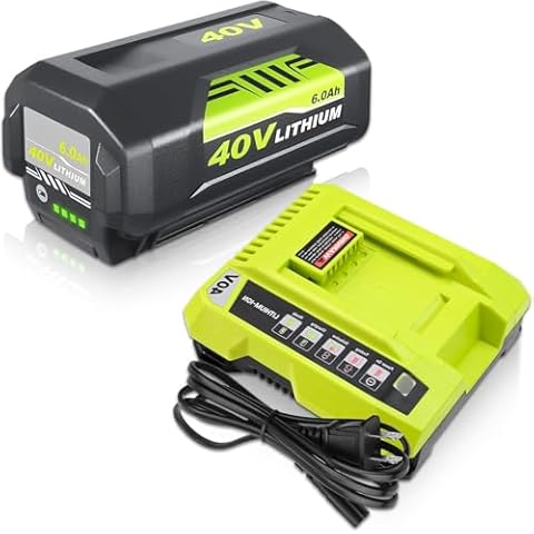 40v 6000mAh OP40601 Battery and OP401 Charger Replacement for Ryobi 40V Battery Li-ion and Charger Compatible with Ryobi 40 Volt Battery OP4026A OP40201 OP4050A OP4015 OP40261 OP40401 OP4060 (Green) Cover