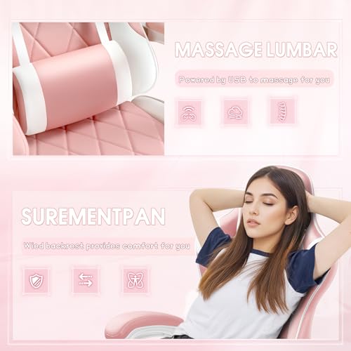 Pink Gaming Chair with Footrest, Massage Lumbar Support, and Ergonomic Design for Computer Users