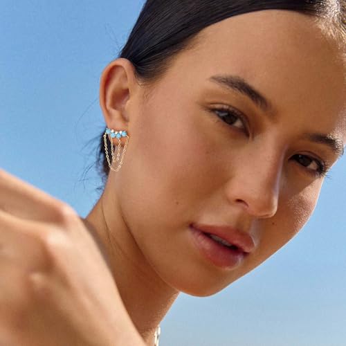 OSIANA Evil Eye Crown Dangle Earrings for Women, 14K Gold Plated Studs Created Turquoise Cubic Zirconia Chain Drop Spiritual Protection Jewelry2