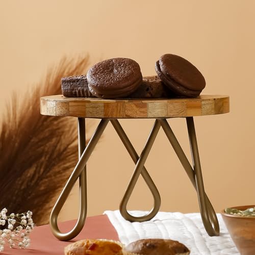 Image of CASADECOR Neo Abstract Wood & Metal Pizza Cake Stand | 8-Inch Round Decorative Dessert Display & Serving Stand for Cakes, Pastries & Table Decor (Brown, Pack of 1)