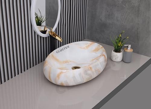 Image of CLUSTER Designer Glossy Ceramic Table Top Wash Basin For Bathroom | Countertop Bathroom Sink For Livingroom, Resturant Decor, Oval Shape (24 x 16 x 6 inch)