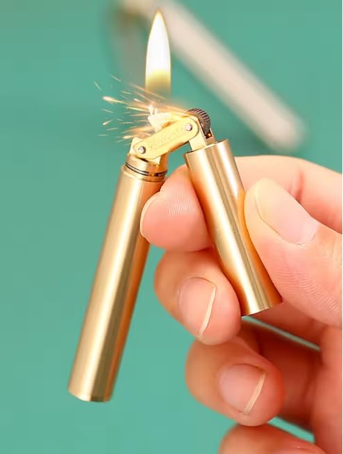 Image of Smoke King Lighter Retro Gold Stick Lighter, Refillable Brass Windproof Pocket Lighter with Open Flame, Classic Gift for Men (Fuel Not Included)