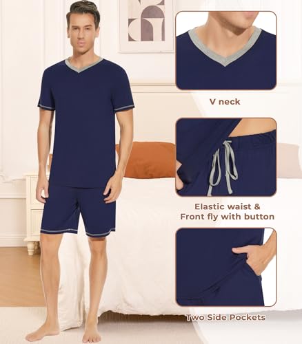Image of NACHILA Pajamas for Men Pj Short Sleeve Sleepwear with Shorts V Neck Loungewear Cool Pajama,Viscose Made from Bamboo