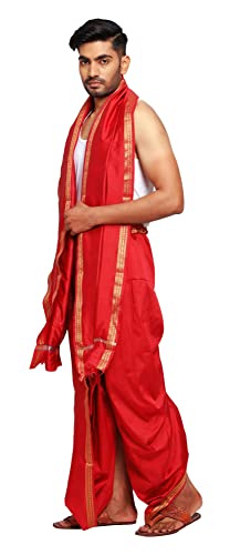 Image of Rameshwaram Fabrics Readymade Dhoti for Men, Velcro Style Stitched Mens Silk Dhoti Pant with Stole Set