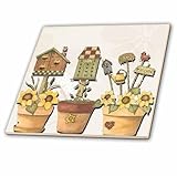 3dRose Birdhouses and Flower pots with Yellow Daisies and Garden Tools 4 Inch Ceramic Tile