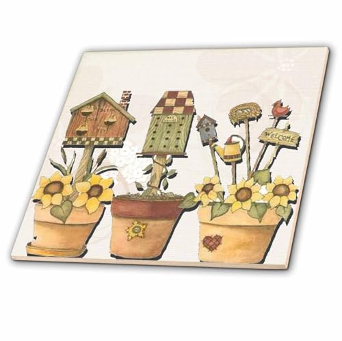 3dRose Birdhouses and Flower pots with Yellow Daisies and Garden Tools 4 Inch Ceramic Tile