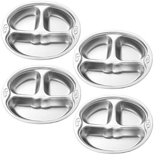 NROZIET 4 Pack 304 Stainless Steel Divided Plates, Non-Slip Heat-Resistant Lunch Tray for Adults, Deep 3 Compartment Meal Prep Trays for Camping, School, Dishwasher Safe (BPA-Free, Rustproof)