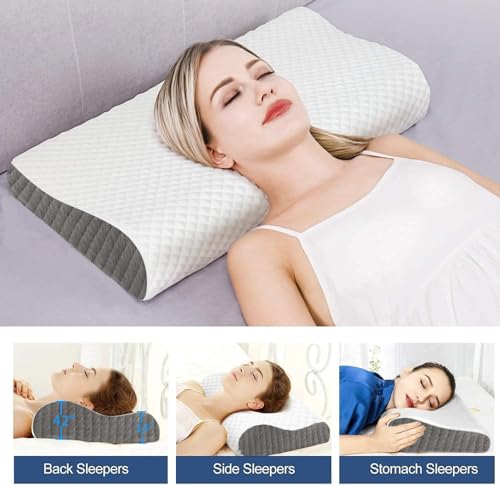 Memory Foam Pillow, Contour Cervical Orthopedic Memory Foam Pillows Supports Neck Pain and Shoulder Pain for Sleeping, Ergonomic Cervical Pillow Neck Support Pillow for Side Back (Sado Dark Grey) (Image - 2)