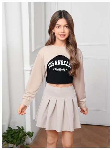 Image of MakeMeChic Girl's 3 Piece Cute Summer Outfit Crew Neck Crop Sweatshirt and Pleated Mini Skirt Set with Cami Top