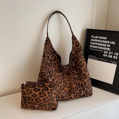 Women Suede Large Tote Bag Leopard Print Shoulder Bag Hobo Bag for Work (Brown)3