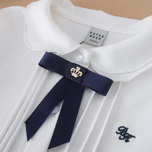 Girls Long Sleeve White Blouse with Navy Bow, Peter Pan Collar, Pleated Front3