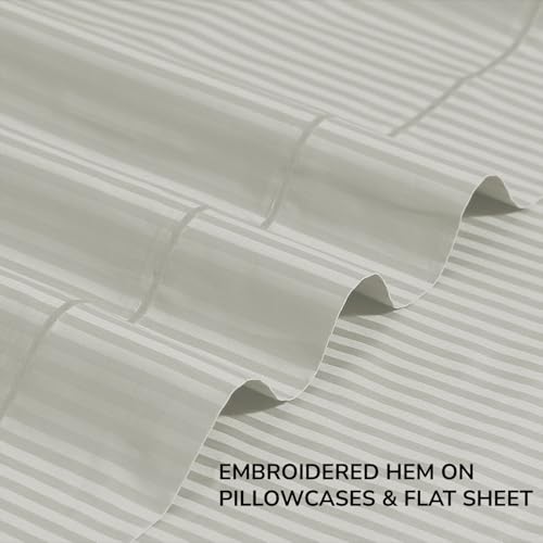 Image of Feather & Stitch 500 TC Split King Size Damask Bed Sheet Set, 100% Cotton Soft Breathable Bedsheets, 5 Piece 18 inch Deep Pockets Sateen Weave Striped Bedding Mattress Resort Hotel - (Blue Blush Stripe)