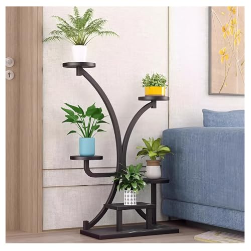 Supporto per piante in metallo a 5 livelli, alto ripiano in legno per più vasi da fiori, ideale per interni, patio, soggiorno, balcone, giardino, decorazione