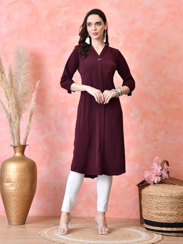 Image of nioni Women's Straight Solid Kurti with V-Fold Neck | Rayon Lycra Material | Fashionable Micro Pleates | 3 /4th Sleeve Kurta for Woman & Girls (S to 2XL)
