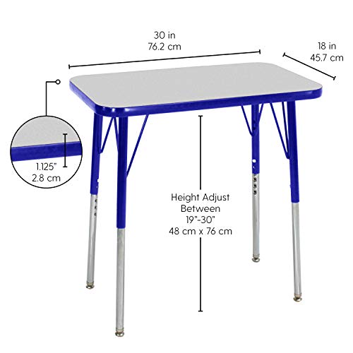 Image of FDP Rectangle Single Student Activity Table (30 x 18 inch), Standard Swivel Glide Legs, Adjustable Height 19-30 inches For Social Distance, Virtual In-Home, Classroom Learning - Gray Top /Blue Edge