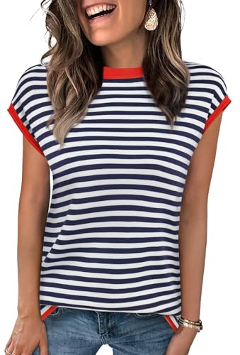 Image of Cap Sleeve Tops for Women Summer Striped Short Sleeve Sweater Top Crew Neck Sleeveless Vest Spring Going Out Shirts