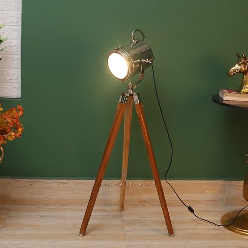 Image of PRISTINE INTERIORS Silver Metal Shade Tripod Floor Lamp for Living Room Bedroom Corner Home Decoration (Alveena)