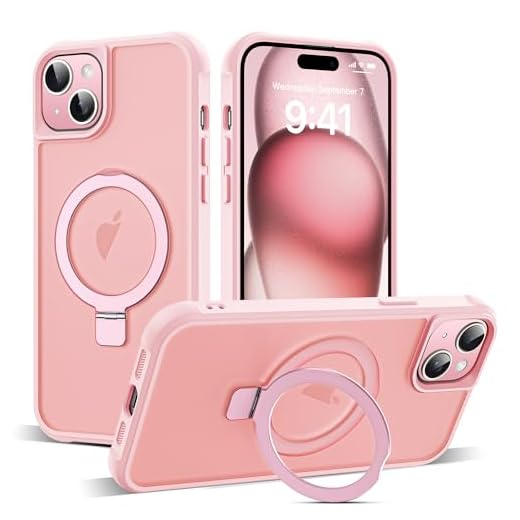 SKYLMW Compatible with iPhone 15 Case with Invisible Magnetic O-Ring Stand Military-Grade Translucent Case for iPhone 15 6.1" [Compatible with Mag-Safe][Great Grip Feeling], Pink