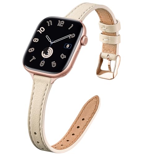 Image of STIROLL Slim Leather Bands Compatible with Apple Watch Band 49mm 46mm 45mm 44mm 42mm(Series 3 2 1), Top Grain Leather Watch Thin Wristband for iWatch Ultra SE Series 11 10 9 8 7 6 5 4(Beige Rose Gold)