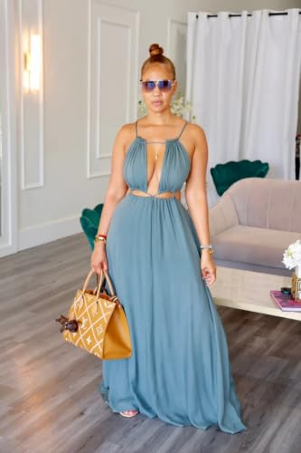 Image of Yeshire Womens Summer Spaghetti Strap Maxi Dress Sleeveless Sexy Cutout Drawstring Boho Beach Vacation Party Dresses