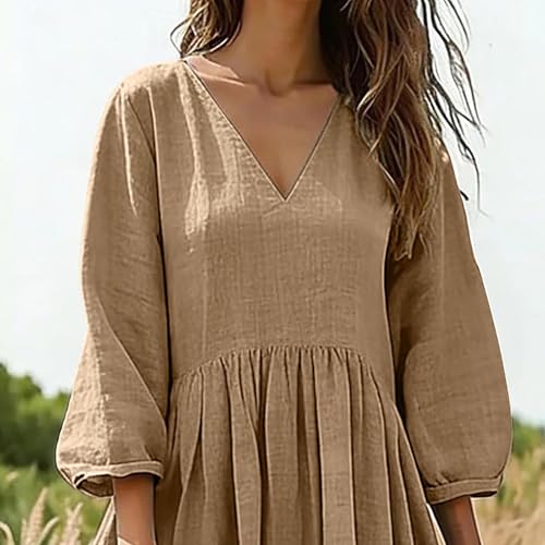 Robe décontractée coton et lin anti-chaleur col en V - 3