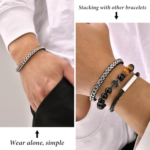 Rope & Chain Braided Link Bracelet for Men : Handmade Trendy Men's Stainless Steel Metal Non Tarnish Waterproof Link Chain Bracelet Stylish Minimal Jewelry Gift for Dad Son Boyfriend, Adjustable2