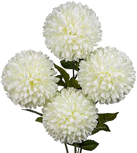 Briful 4PCS Artificial Chrysanthemum Flowers 6’’ Large Heads Silk Mums Fake Ball Shape Flowers Faux Ball Shape Flowers Spring Hydrangea Flower for Home Wedding Indoor Decor(Cream White)