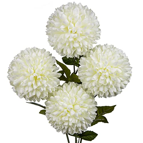 Briful 4Pcs Artificial Chrysanthemum Flowers 6’’ Large Heads Silk Mums Fake Ball Shape Flowers Faux Ball Shape Flowers Spring Hydrangea Flower For Home Wedding Indoor Decor(Cream White) #TOP20