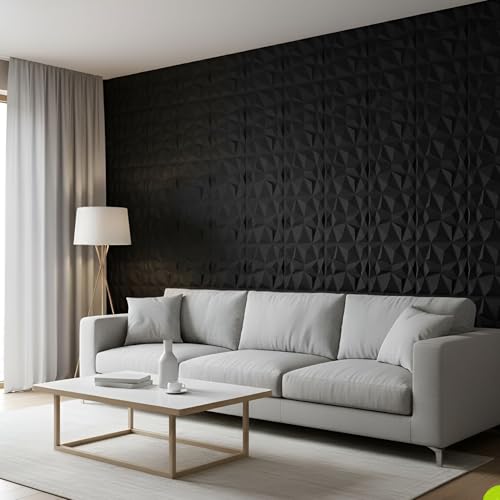 Image of Kayra Decor 3D Wall Panel PVC Diamond Design, Black Color (19.7 X 19.7, (Pack of 18) Covers 48.42 Sq. Ft
