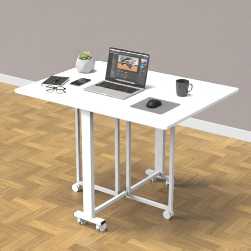 Image of InnoFur Foldable Study Table for Home & Office, Portable Laptop Desk, Space Saving Compact Workstation, Durable Metal Frame & Engineered Wood Top, Modern Minimalist Design (White, Size-Large (130 CM))
