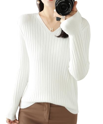 [グリーンパキラ] セーター レディース 秋冬 リブニット トップス vネックセーター 長袖 カットソー ニット 春 vネック オフィスカジュアル 秋 冬 ニット レディーストップス 女性 ブイネック プルオーバー 秋服 冬服 服 婦人 カジュアル 服 白 (2XL, ホワイト)のサムネイル