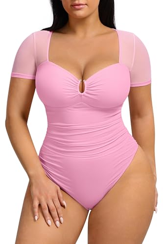 FeelinGirl Pink Bodysuit Women Tummy Control Light Shaping Sheer Mesh Thong Bodysuit Ruched Tops