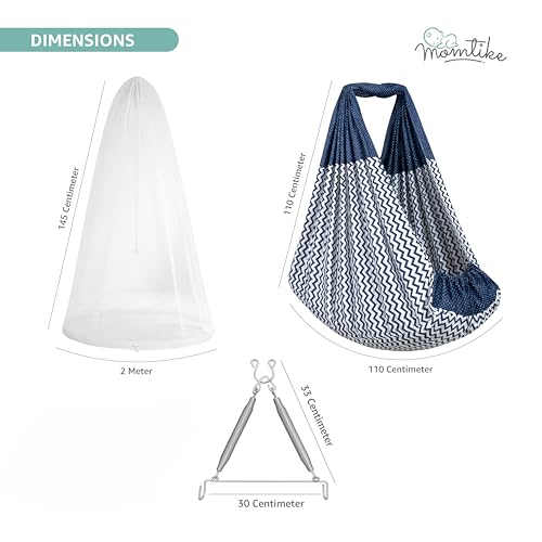 Image of Baby Cradle̞ | Cotton Cloth, Hanger Spring, Mosquito Net & Pad with Insert Pocket, Jhoola, Thottil | PRM-Navy Stripe