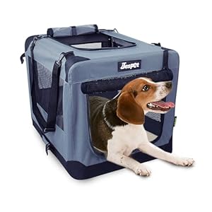 JESPET 27” Soft Dog Crates Kennel for Pets, 3 Door Soft Sided Folding Travel Pet Carrier with Straps and Fleece Mat for Dogs, Cats, Rabbits, Grey Blue & Beige (27″ L x 20″ W x 20″ H, Grey)