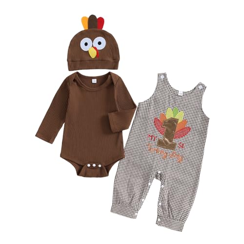 Image of Mobbdow My First Thanksgiving Baby Boy Outfit Newborn Infant Long Sleeve Ribbed Romper Plaid Overalls Pants Hat 3Pcs Sets