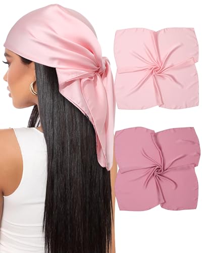 Trendy Pure Color Square Scarf - 2PCS Scarves Simulated Silk Bandanas for Women Hair Wrap Sleeping